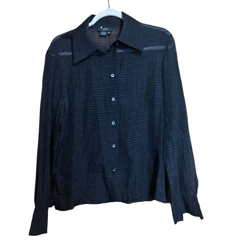 JON Top Womens 10 Black Stripe Silk Blend Button Up Long Sleeve Sheer Blouse